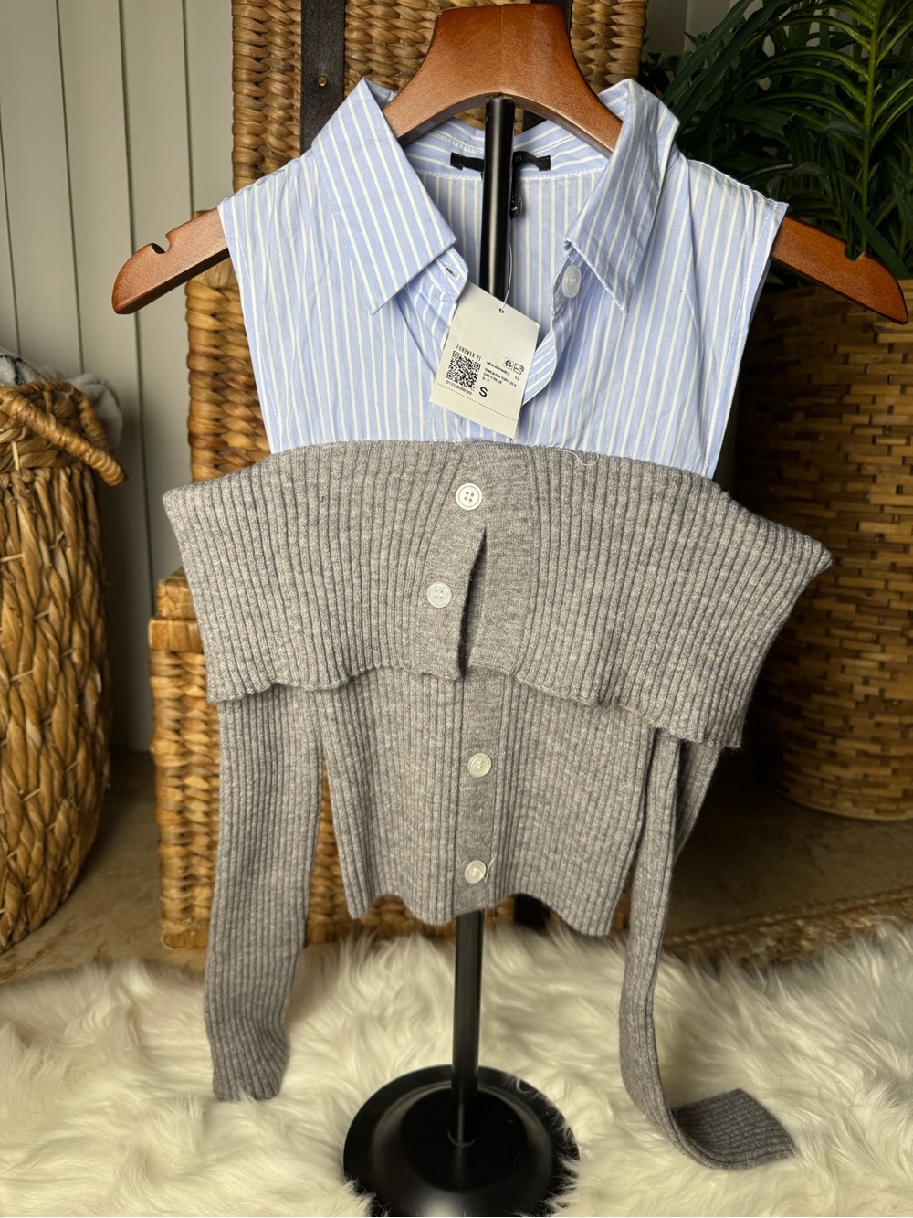 Forever 21 Blue and White Striped Button-Up Shirt with Gray Knit sweater arms .